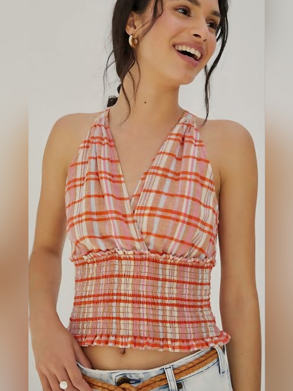 EUC Adorable Women's Anthropologie Pilcro Jessie Pink & Orange Plaid Halter Top